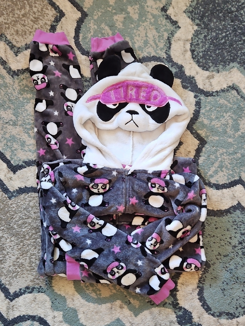 Holiday Time Plush Hooded Onesie - White, Gray & Pink